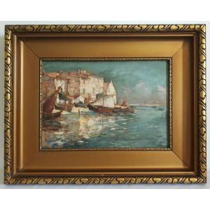 Leoni Oil On Wood Marine Martigues Port 1934