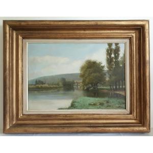 Painting Oil On Canvas Lake Landscape F. Millaud Late 19th