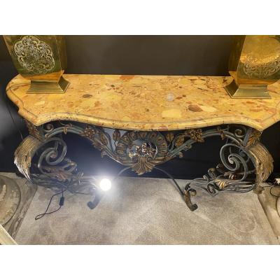 Console Wrought Iron Patina Green And Golden Marble Top Provençal Style