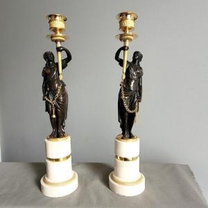 Pair Of Vestal Candlesticks. Restoration Period.