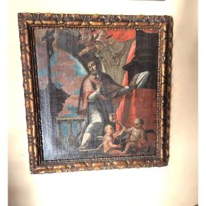 Oil On Canvas Depicting A Holy Bishop At The Time Of The 17th Century 