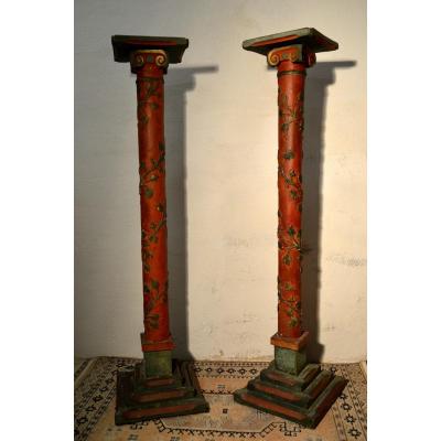 Pair Of Wooden And Stucco Columns Late 19th Century