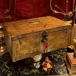 Large 18th Century Leather Box, With Gold Motifs Stamped On All Sides.