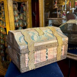 18th-century Wooden Chest Covered In Period Fabrics And Gold Thread Braid 