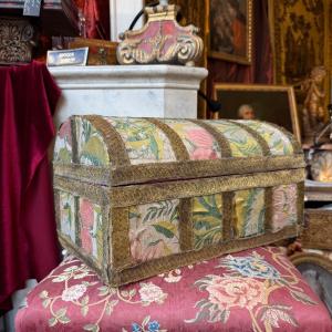 18th-century Wooden Chest Covered In Period Fabrics And Gold Thread Braid 
