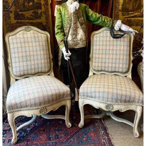 Queen Regency Style Chairs, 18th Century, Provence, Lacquered, Painted, With Stretchers.