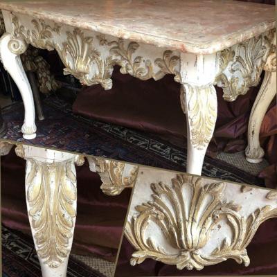 Naples XVIIIè, Large Low Console, Carved, Faux Marble.