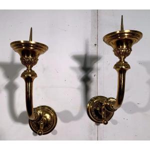 Pair Of Candlestick Sconces In Golden Brass XX Century