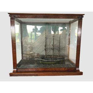 Old Model Of Sailing Boat With Three Masts In Its Showcase XIX Century