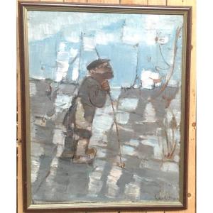 Oil On Canvas "farmer In The Field" Russian Painter Signed And Dated 1989