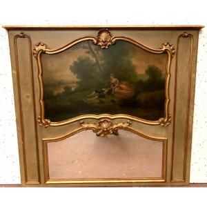 Louis XV Style Trumeau In Patinated And Gilded Wood XX Century