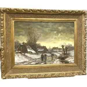Oil On Canvas "snowy Village Animated With Characters" XX Century