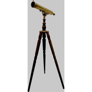 Telescope In Brass And Support Foot In Mahogany XX Century