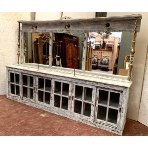 Store Counter With Sliding Door In Patinated Wood XX Century