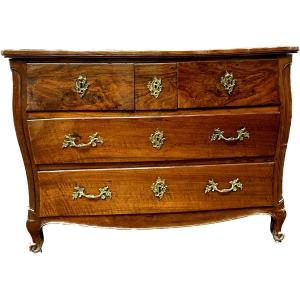 Louis XV Curved Commode In Solid Walnut Period 18th Century