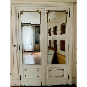Double Haussmann Door In Mirror And Patinated Fir XX Century Passage Door