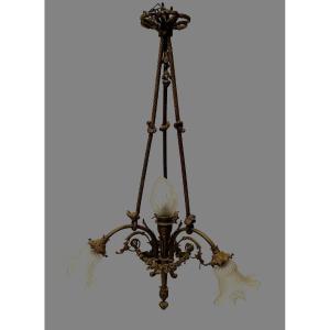 Louis XVI Style Chandelier In Bronze And Frosted Glass 20th Century