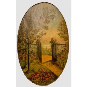 Oil On Canvas "lake View" Decorative Wall Panels XX Century