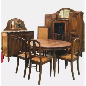 Finely Carved Art Deco Solid Walnut Dining Room. 20th Century.