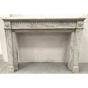 Louis XVI Style Fireplace In White Veined Carrara Marble, 19th Century