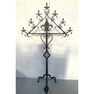 Hammered Iron Candlestick With Seven Light Points, 20th Century