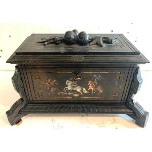 Black Wooden Jewelry Box Carved With Polychrome Decoration 19th Century
