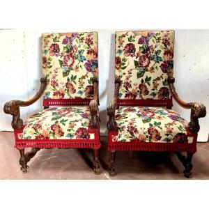 Pair Of Renaissance Style Armchairs In Solid Walnut, 19th Century