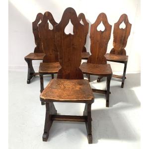 Set Of Six Natural Wood Chairs "brutalist Art" 20th Century