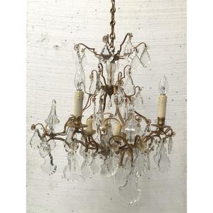 Louis XV Style Cage Chandelier In Bronze And Glass Pendants, 20th Century