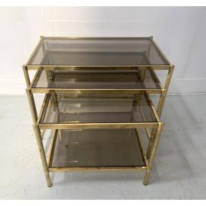Set Of Three 20th Century Brass And Smoked Glass Nesting Tables