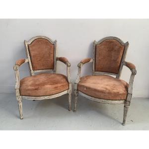 Pair Of Louis XVI Style Armchairs In Patinated Beech, 19th Century