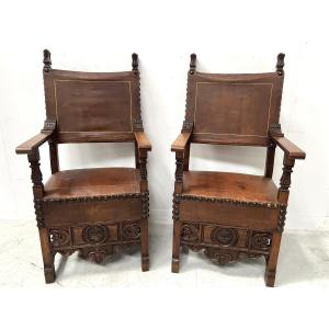 Pair Of Renaissance Style Armchairs In Walnut, 20th Century