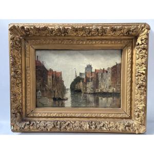 Oil On Canvas "view Of The City On The Canal" By Franck Boggs 19th Century