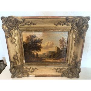 Oil On Canvas "animated Landscape" Wooden Frame And Gilded Stucco 19th Century