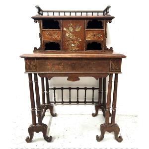 Wooden Stepped Desk Decorated With Pyrography, 19th Century