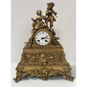 Romantic Clock In Gilded Bronze, 19th Century