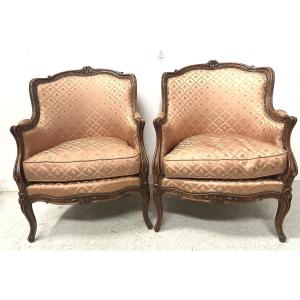 Pair Of Louis XV Style Bergère Armchairs In Natural Wood, 20th Century
