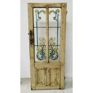 Art Deco Style Doorway In Patinated Fir And Painted Glass