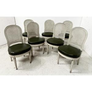Set Of Seven Louis XVI Style Chairs In Patinated Beechwood, 20th Century