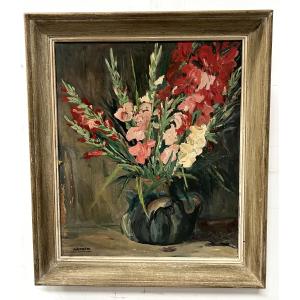Oil On Hardboard “the Bouquet Of Gladioli” Signed P. Arata 20th Century