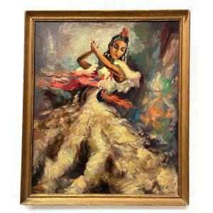 Oil On Hardboard "the Flamenco Dancer" 20th Century