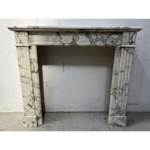 Louis XVI Style Fireplace In White Carrara Veined Marble, 19th Century