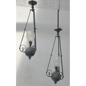 Pair Of Patinated Bronze Ball Chandeliers, 19th Century