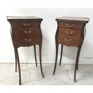 Pair Of Small Louis XV Style Marquetry Commodes With Marble Tops, 20th Century