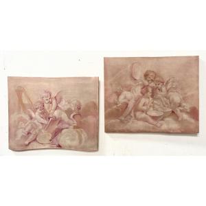 Pair Of Oil On Canvas With Putti Decor XIX Century