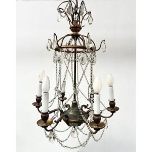 Louis XVI Style Chandelier With Pearl Garland And Painted Tole XX Century