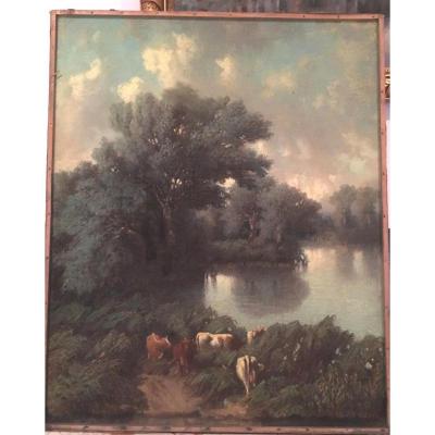 Pastel Old "flock Of Cows At The Pond"