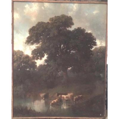 Pastel Old "flock Of Cows At The Pond"