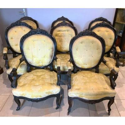 Napoleon III Armchairs In Rosewood Suite Of Eight Armchairs XIX Century