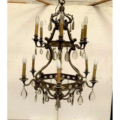 Cage Chandelier Se Renaissance Style In Bronze And Colored Glass Pendants XIX